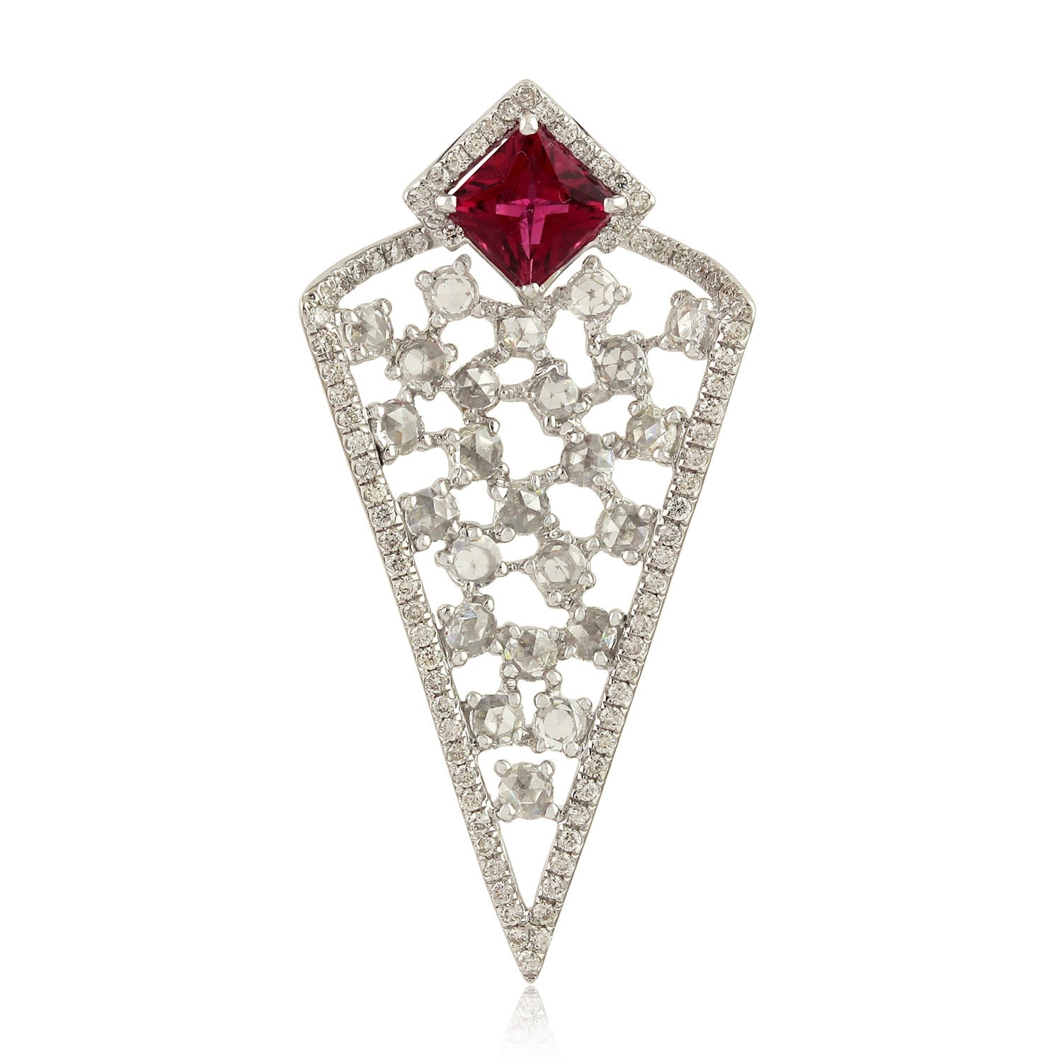 Artisan Women's White / Red Designer Tourmaline & Uncut Diamond Pendant In White Gold In Silver