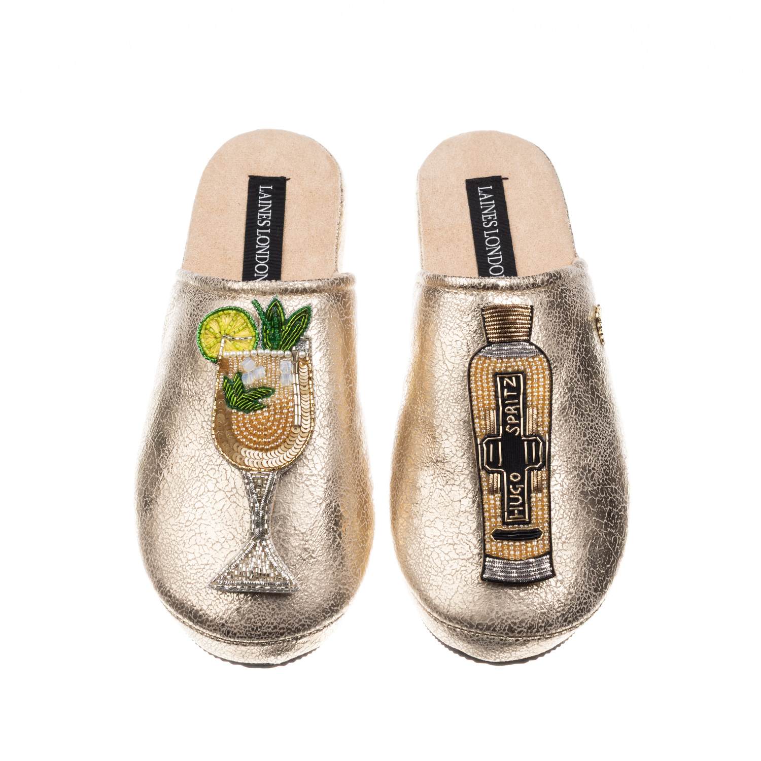 Laines London Women's  Gold Softie Slippers With Hugo Spritz Brooches In Gold