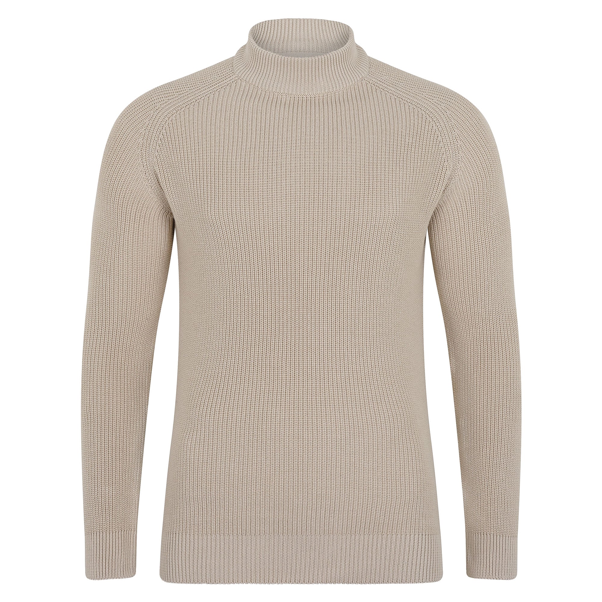 Paul James Knitwear Mens Midweight Cotton Byrne Ribbed Mock Turtle Neck Jumper - Birch