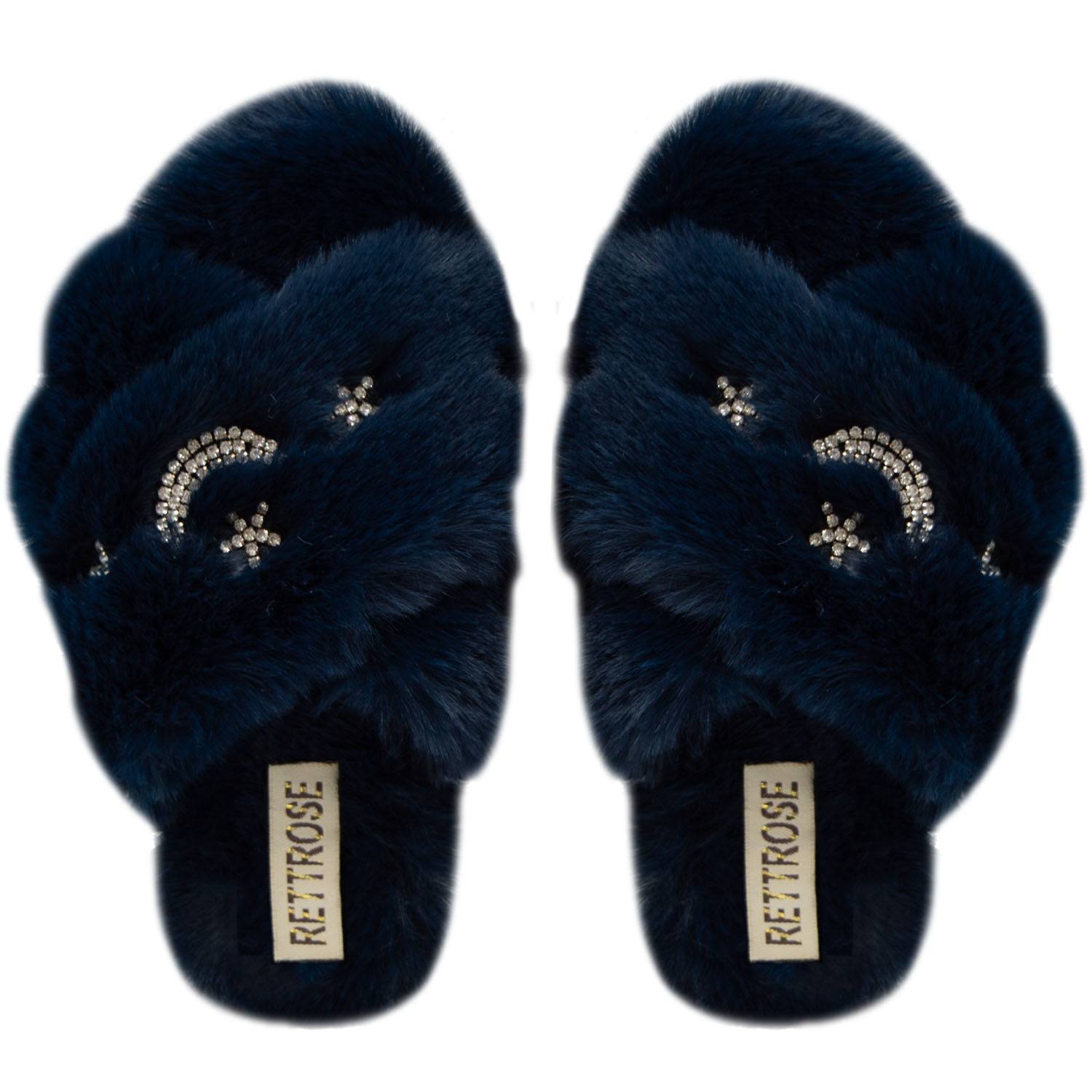 Rettrose Women's Blue The Isabel Navy  Luxury Plush Diamanté Embellished Handmade Slipper In Blue