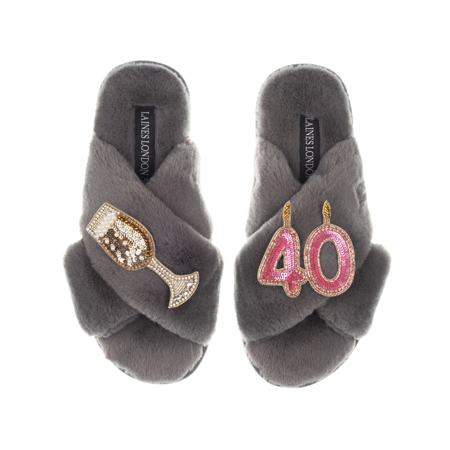 Laines London Women's Classic Laines Slippers With 40th Birthday & Champagne Glass Brooches - Grey In Grey