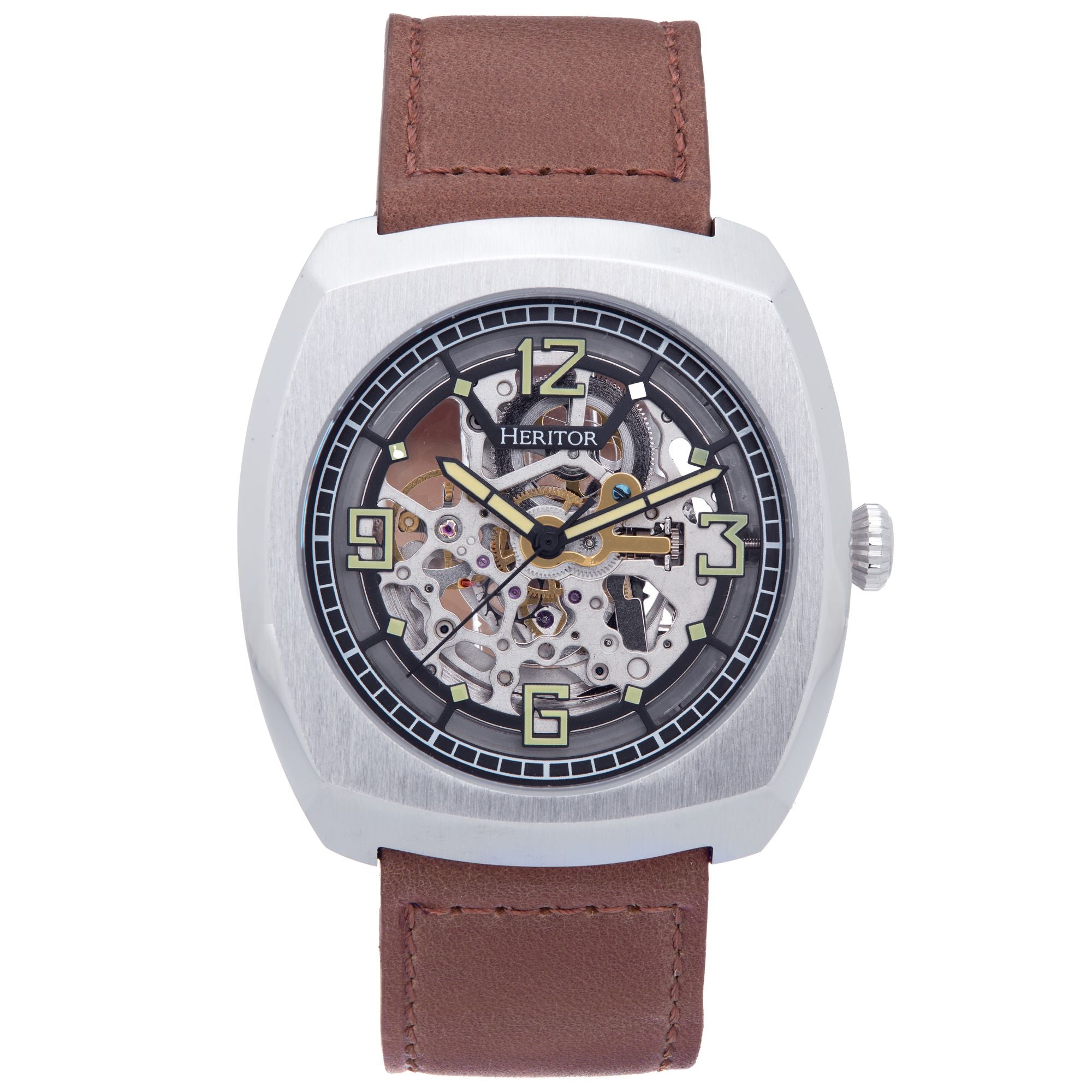 Heritor Automatic Men's Silver / Brown Gatling Leather-band Skeleton Watch - Brown, Silver In Silver/brown