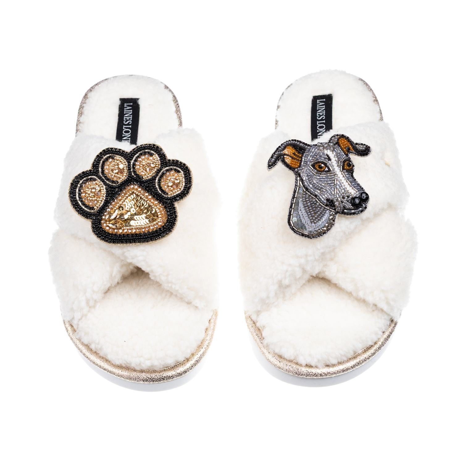 Laines London Women's Neutrals / White Laines Neutral Boucle Slippers With Vinny The Italian Greyhound & Paw Brooc