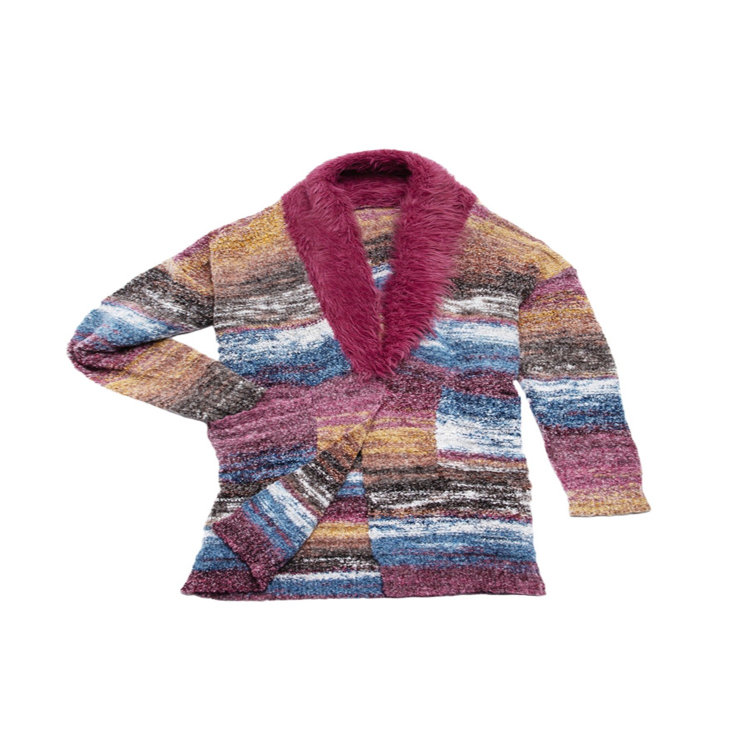 Saachi Women's Purple Fur Collared Long Cardigan Sweater