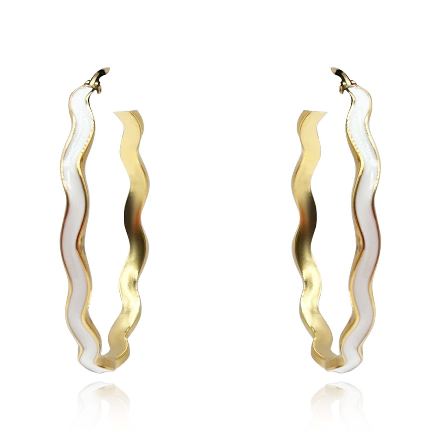 Michael Nash Jewelry Women's White Enamel And Gold Wavy Hoop Earrings