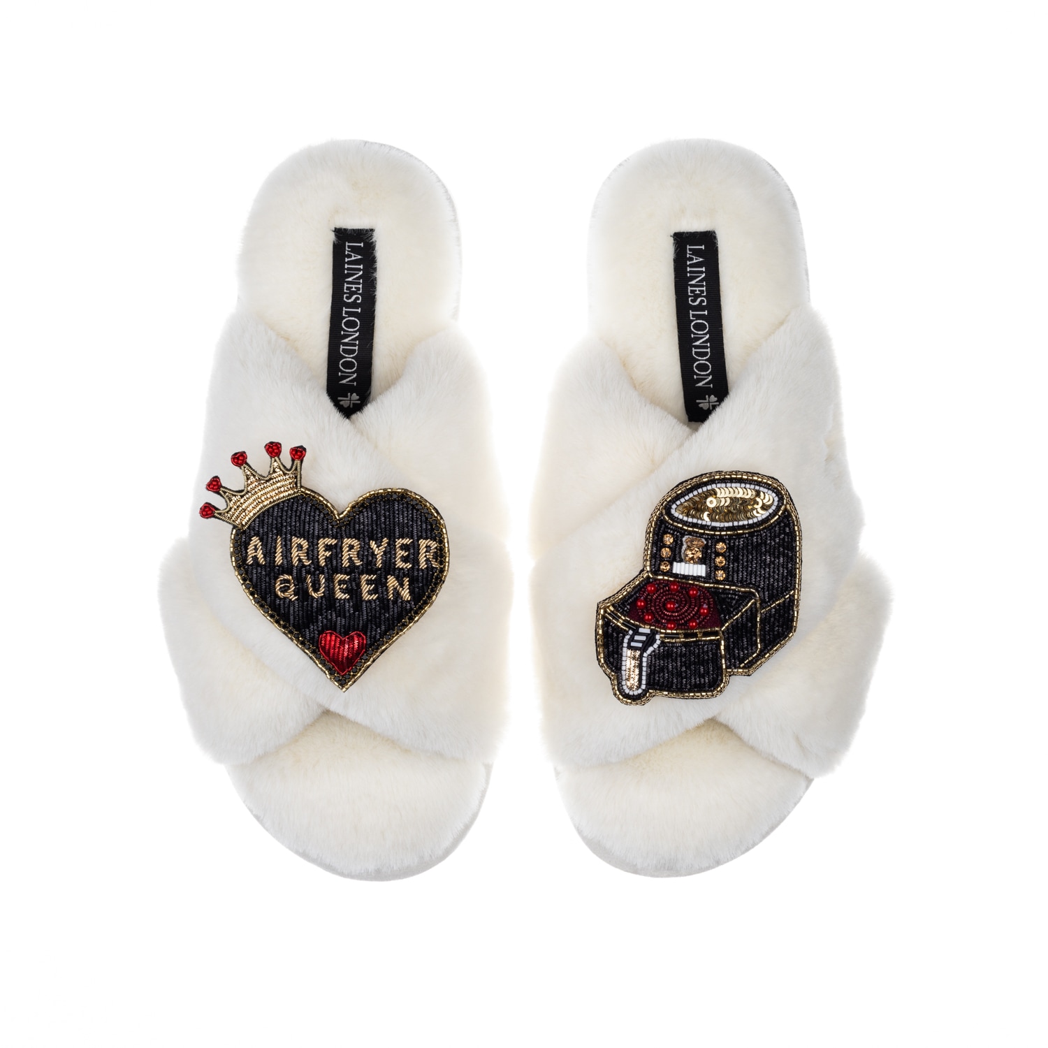 Laines London Women's White Classic Laines X Juliet Sears Slippers With Airfryer Queen Brooches - Cream In White