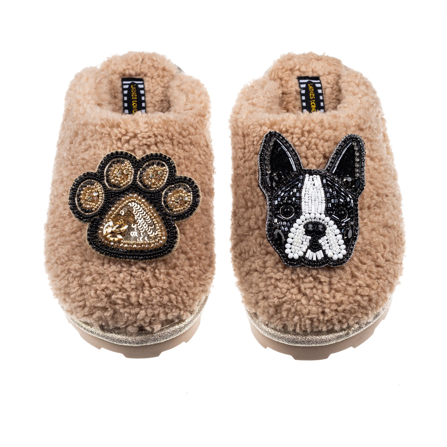 Women’s Brown Towelling Closed Toe Slippers With Buddy Boston Terrier & Paw Brooches - Toffee Extra Large Laines London