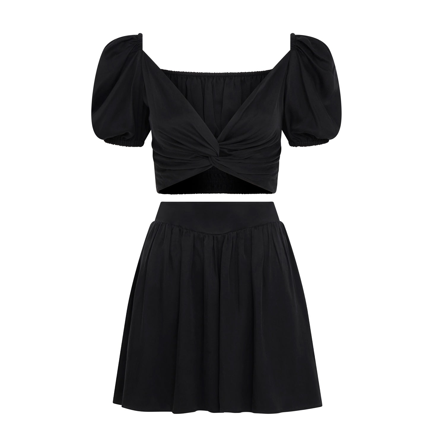 Frolickers Black Convertible Silky Puff Sleeve Crop Top & Shorts Set In Black