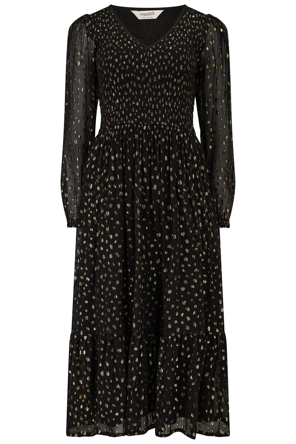 Sugarhill Brighton Women's Gold / Black Jacqueline Shirred Midi Dress Black, Metallic Spot In Multi