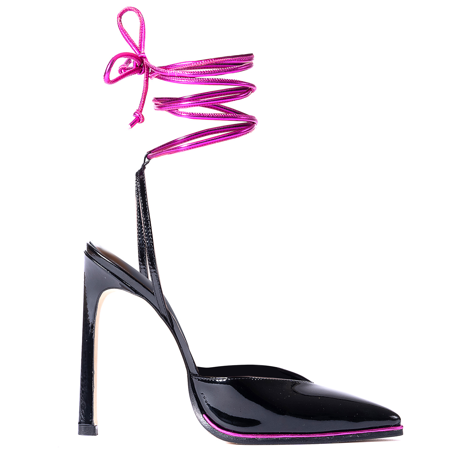 Il Fratellino Women's Heart Racer Patent Leather Pump In Black & Fuchsia With Soft Leather Fuchsia Ankle Wrap Tie In Black