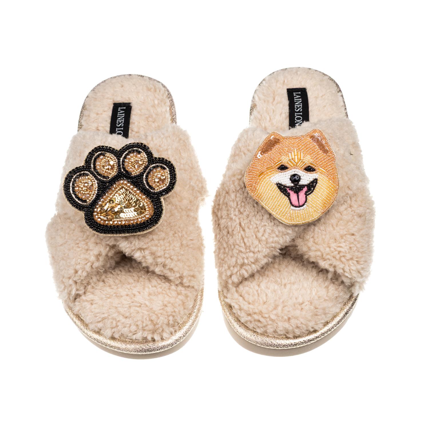 Laines London Women's Brown / Neutrals Laines Neutral Boucle Slippers With Teddy The Pomeranian & Paw Brooches - O