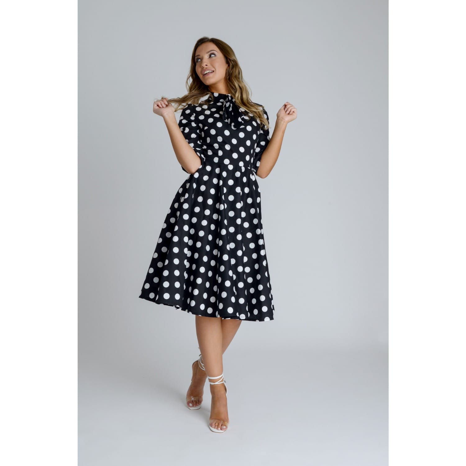 white polka dot midi dress