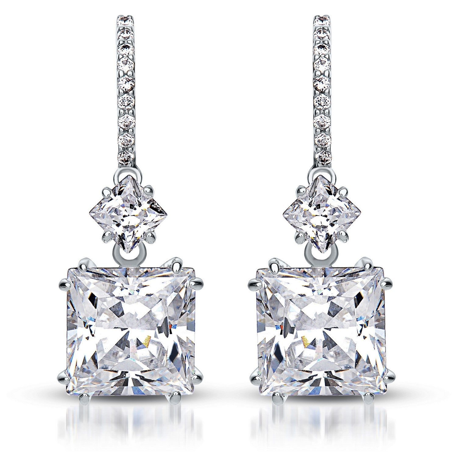 Genevive Jewelry Women's White Sterling Silver Rhodium Plated Cubic Zirconia Square Drop Earrings In White