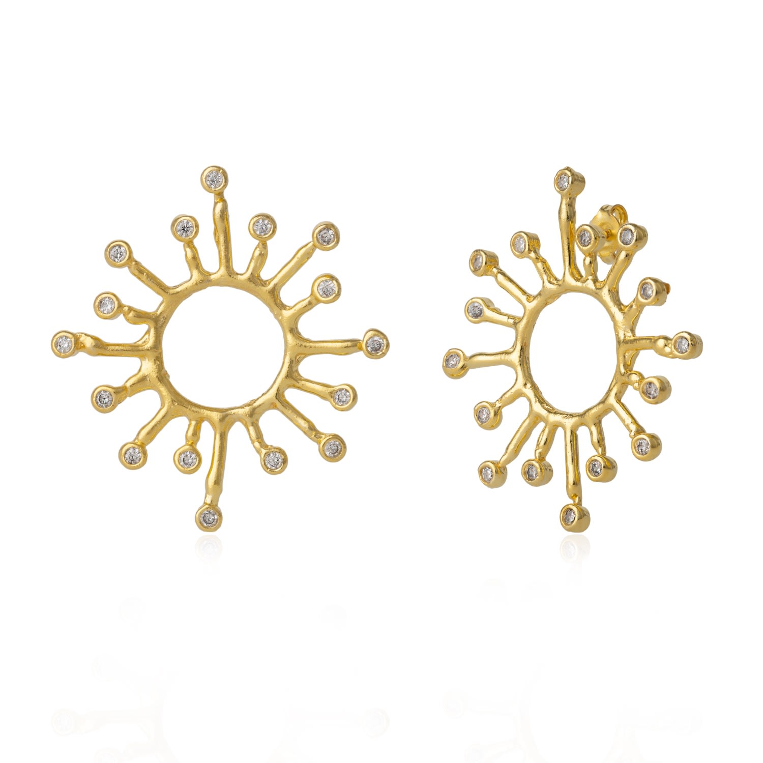 Women’s Sun Sunburst Large High Quality Crown Natural Textured Molten Sterling Silver Earring - Gold Spero London