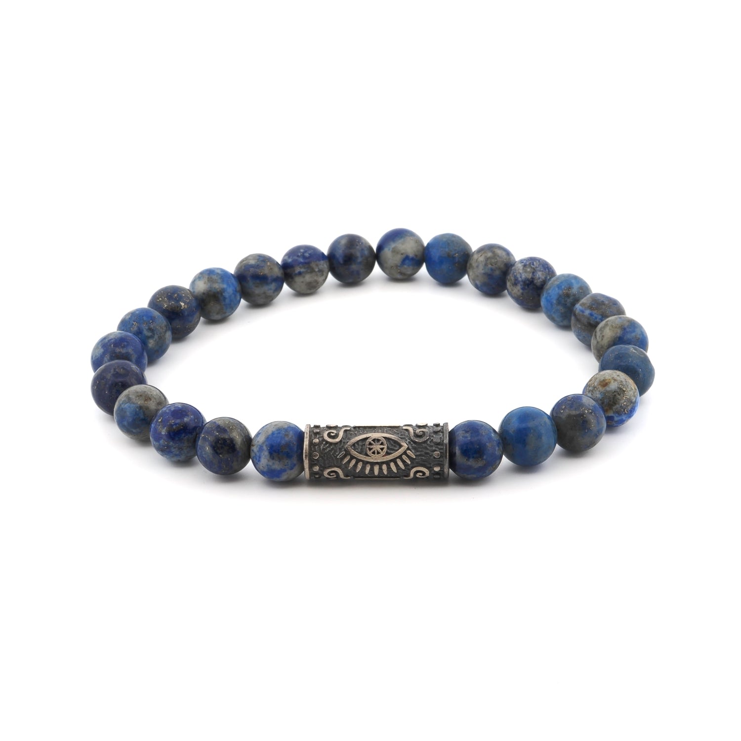 Ebru Jewelry Men's Blue / Silver Lapis Lazuli & Sterling Silver Unique Evil Eye Symbol Beaded Bracelet - Blue