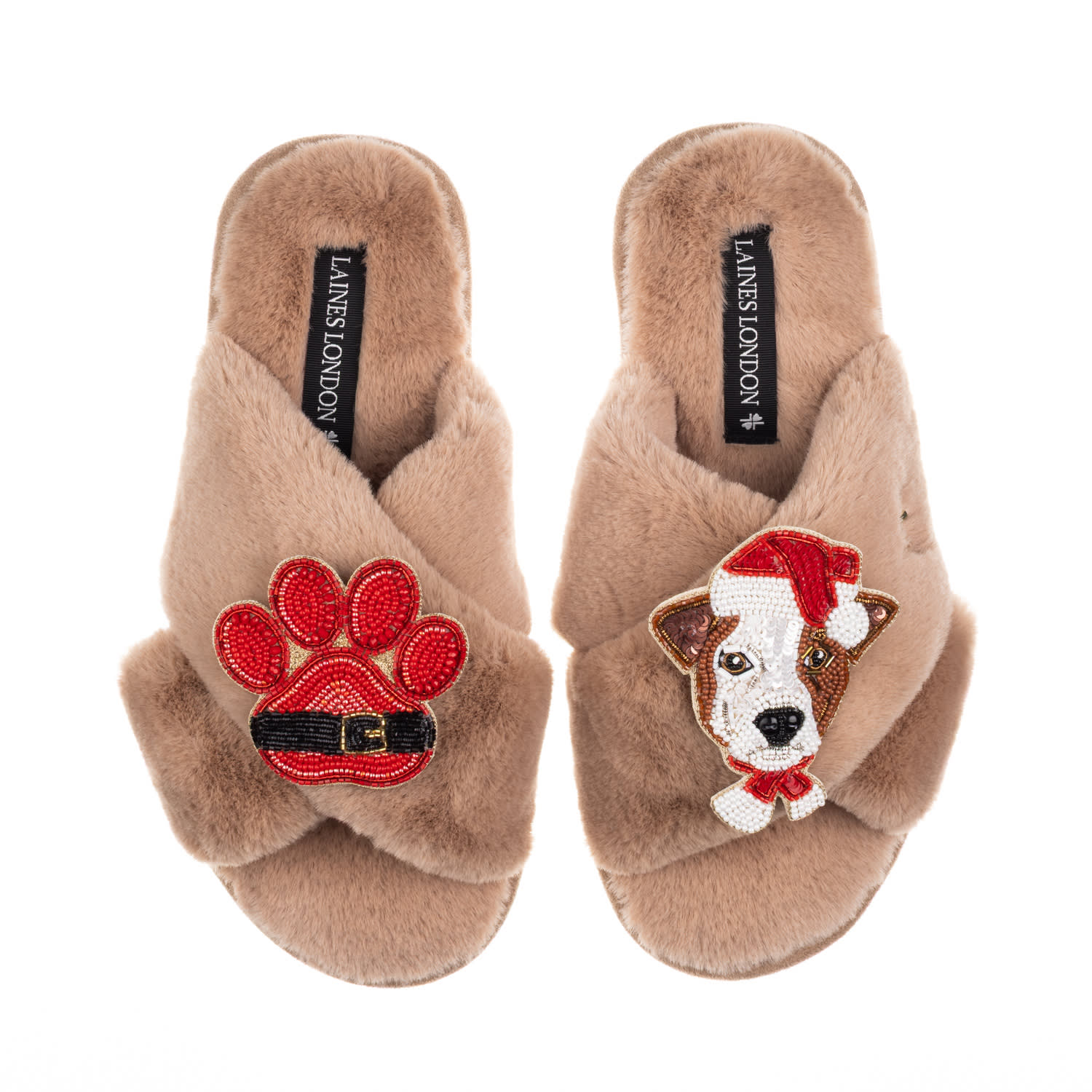 Laines London Women's Brown / Neutrals Classic Slippers With Christmas Jack Russell & Paw Brooches - Toffee In Brown