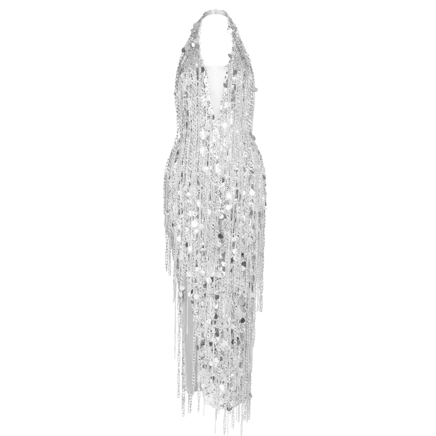 Lassyvn Women's Silver Crystal Stone Tassel Halter V Neck Dress In Silver