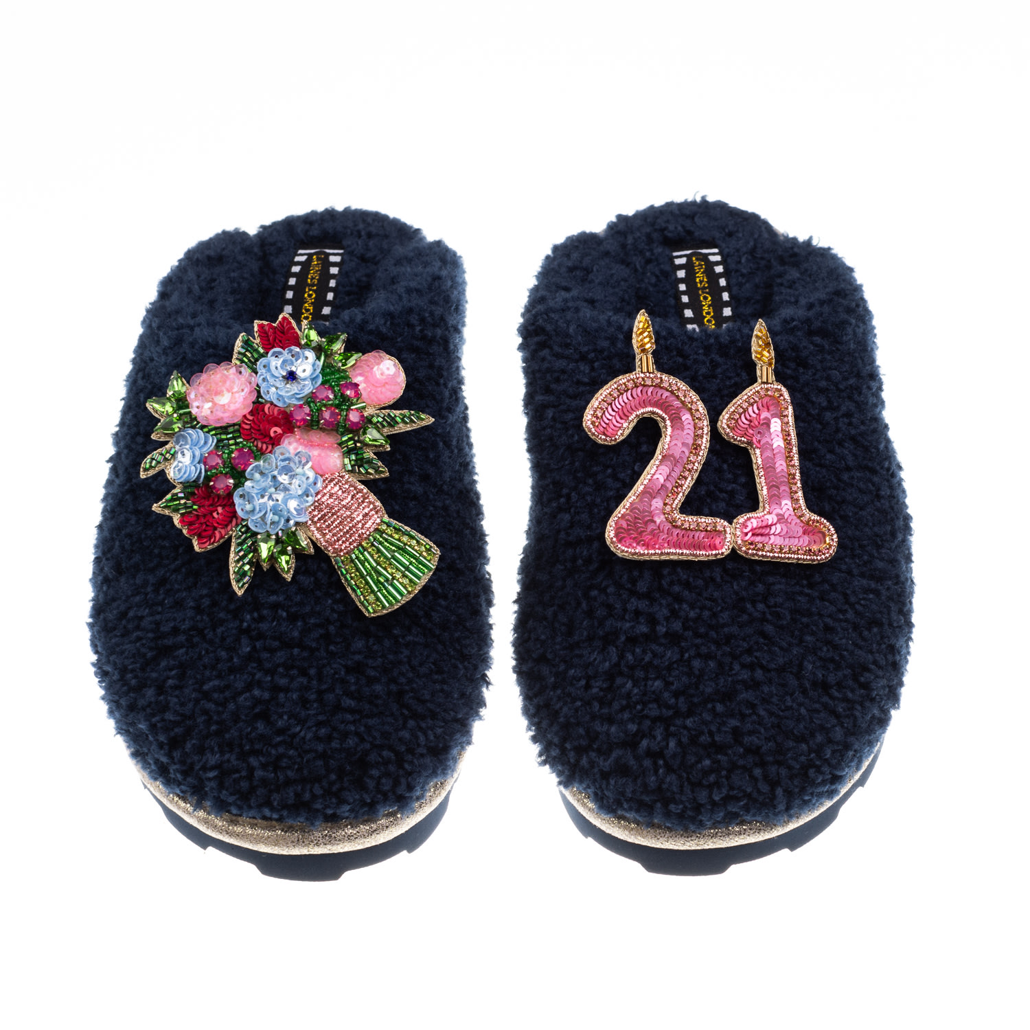 Laines London Women's Blue Teddy Closed Toe Slippers With 21st Birthday & Flowers Brooches - Navy In Blue