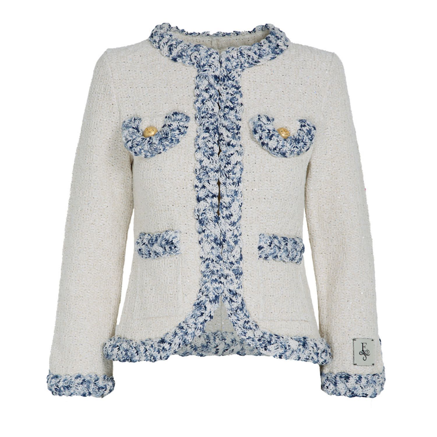 Ecru Tweed Cotton Blend Short Jacket With Patch Pockets And Light Blue  Details Sky by The Extreme Collection