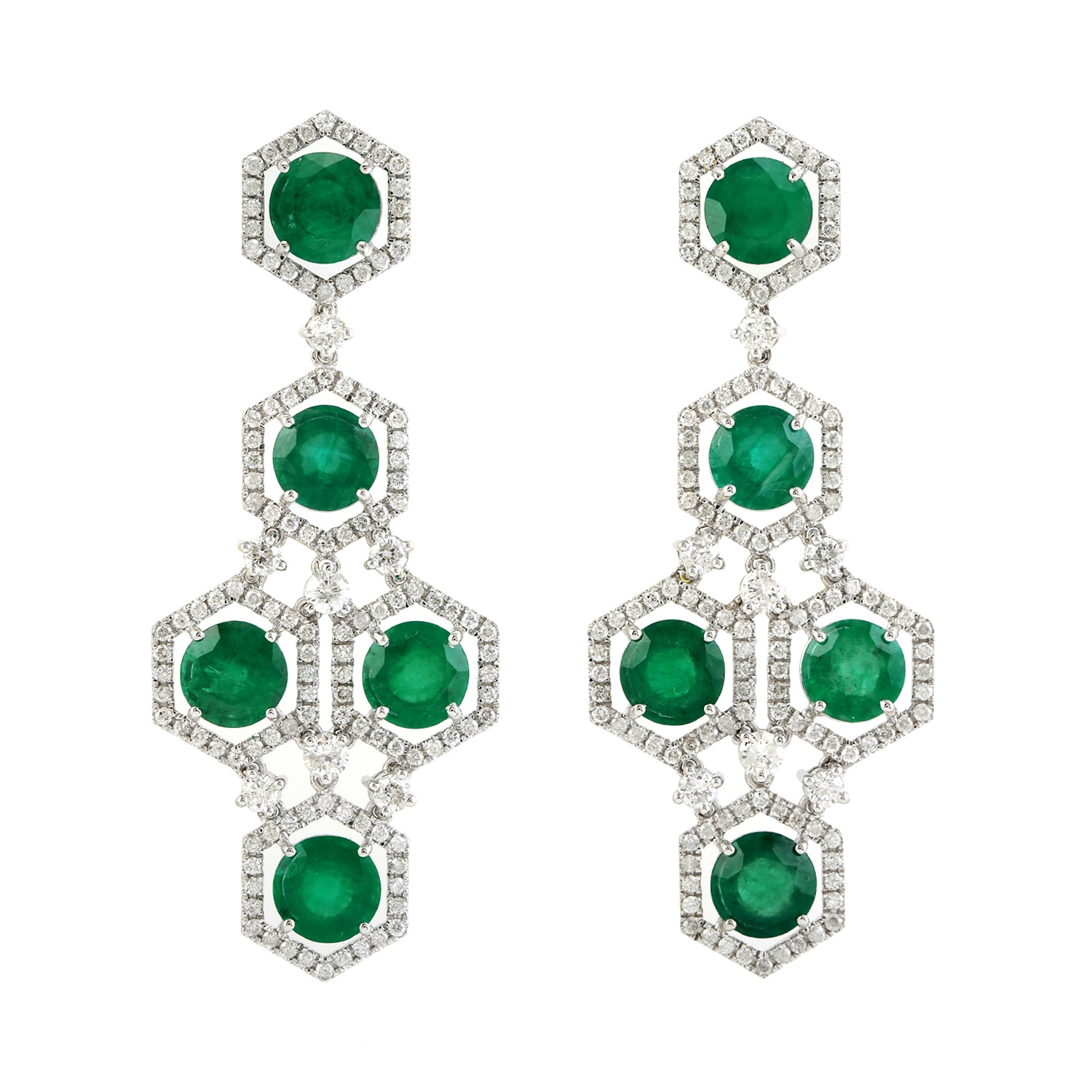 Artisan Women's White / Green 18k White Gold In Natural Round Emerald & Pave Diamond Geometric Dangle Earrin