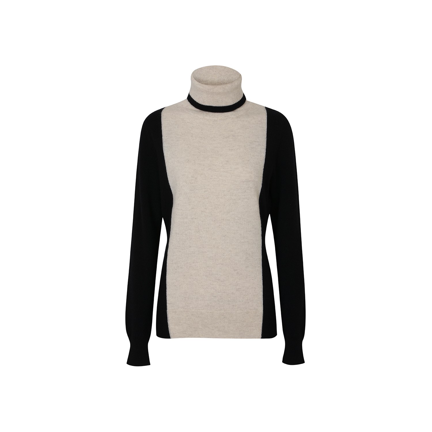 Women’s Neutrals Two-Tone Slim Fit Turtleneck Cashmere Sweater-Ivory Beige Small Callaite