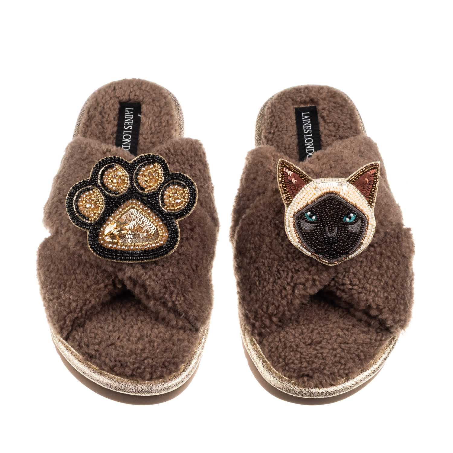 Laines London Women's Brown / Neutrals Boucle Slippers With Paw & Siamese Cat Brooches - Mink In Brown