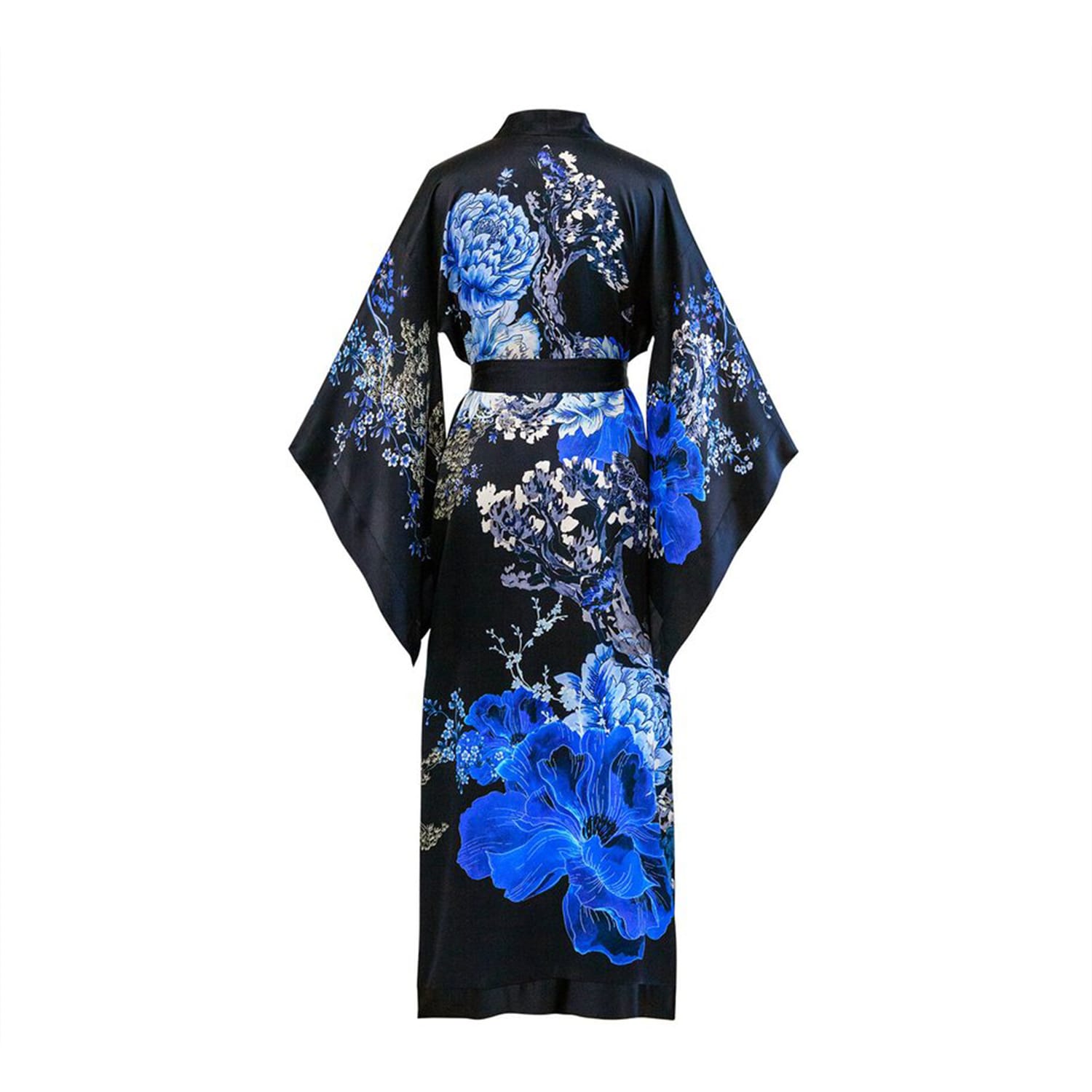 Black And Blue Floral Silk Satin Kimono | Meng | Wolf & Badger