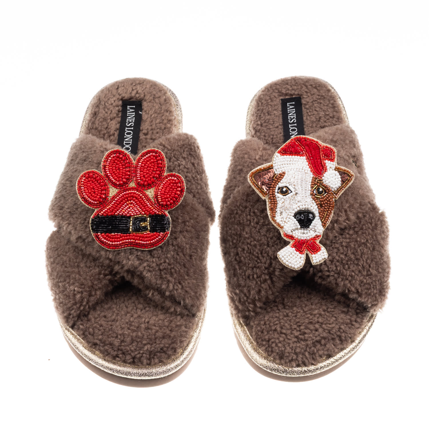 Laines London Women's Brown / Neutrals Laines Boucle Slippers With Christmas Jack Russell & Paw Brooches - Mink In Brown