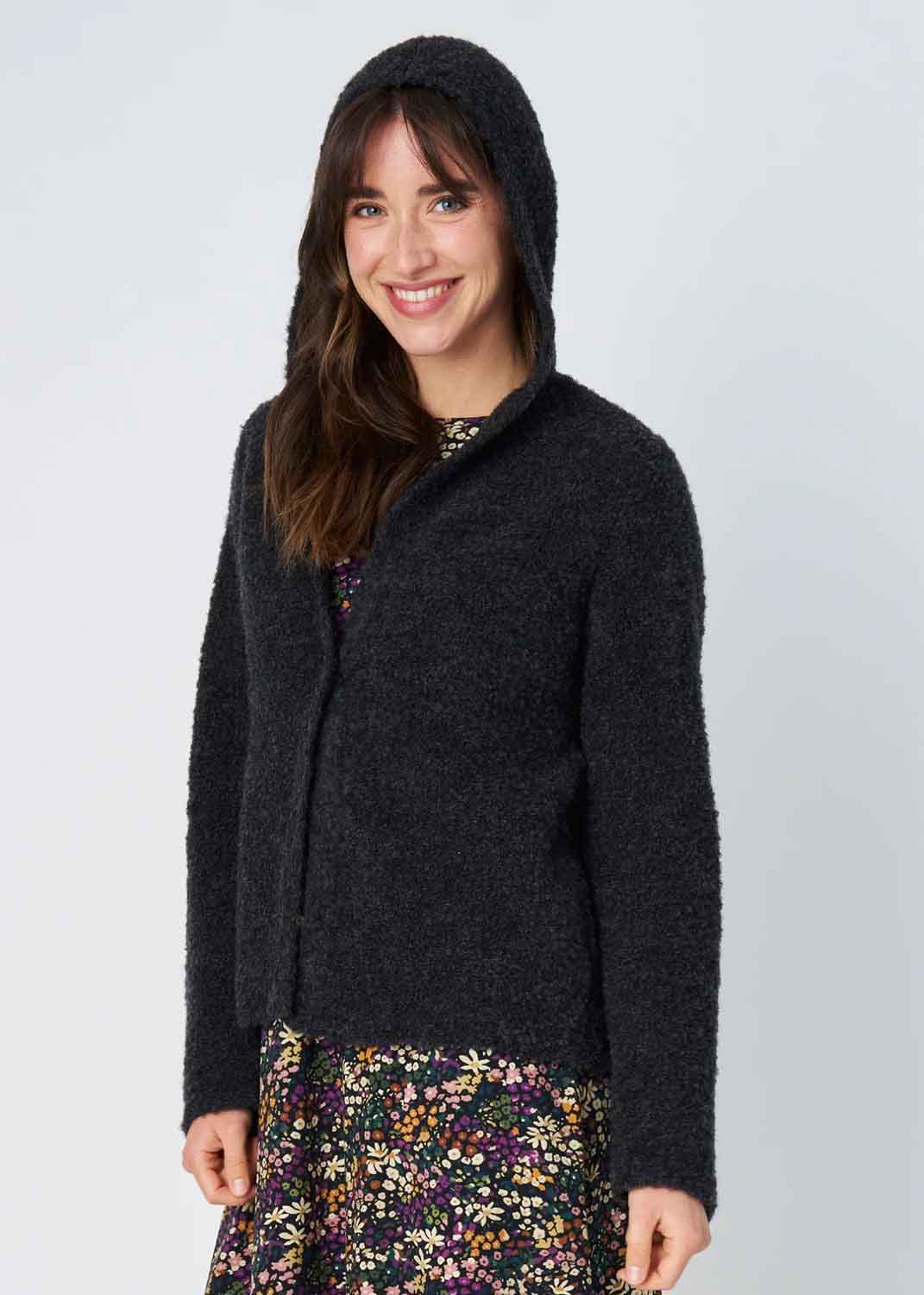 Altramoda Redressing The World Black Giorgia Women's Hooded Jacket In Bouclé Wool And Silk In Black