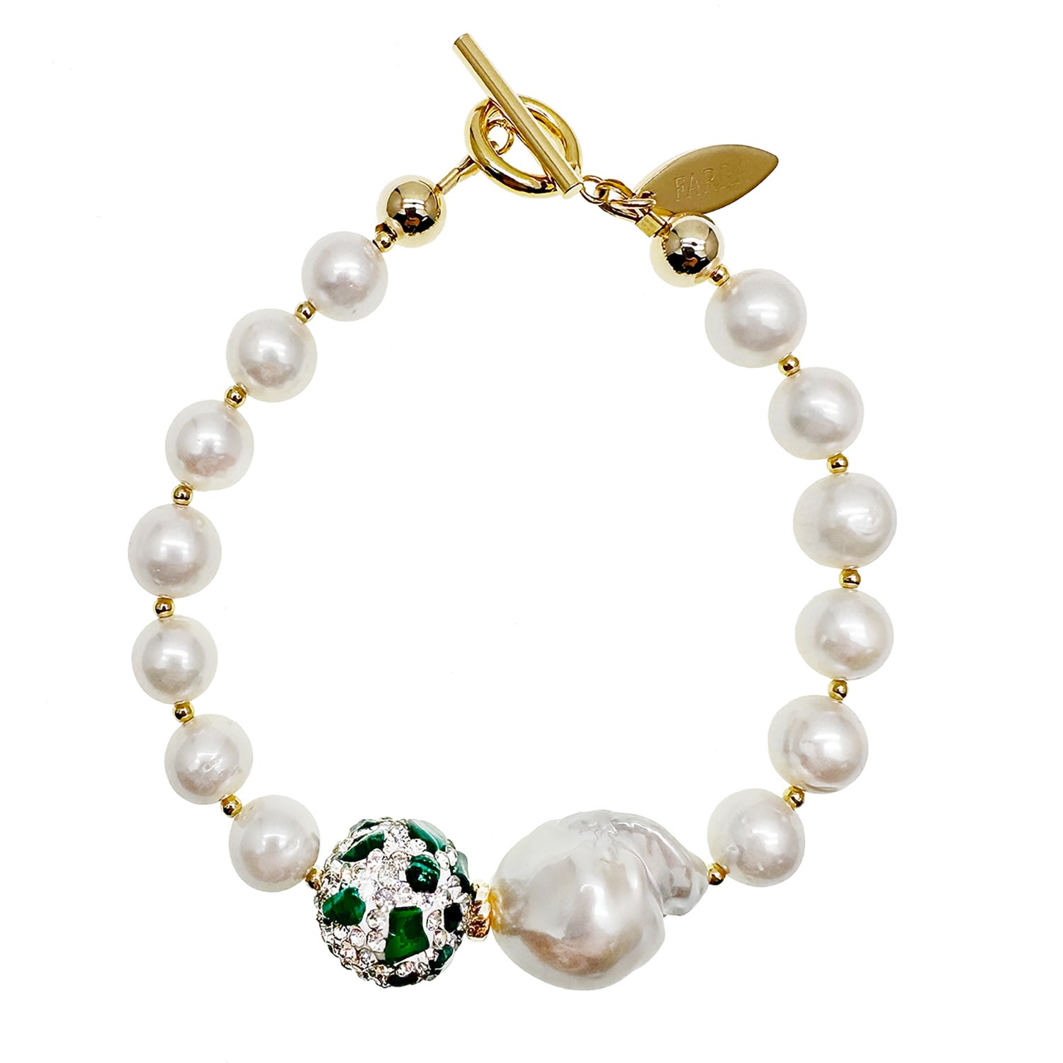 Farra Women's White Freshwater Pearls With Rhinestones Bordered Malachite Bracelet