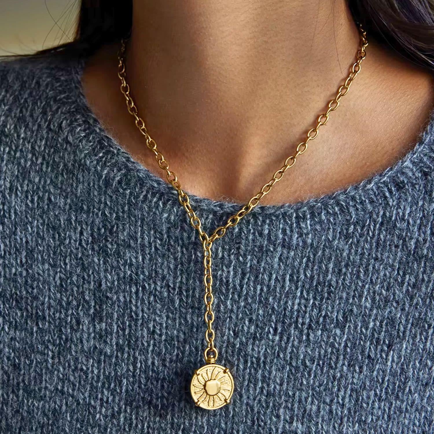 Gold Reversible Two Tone Coin Lariat Necklace | Olivia Le | Wolf