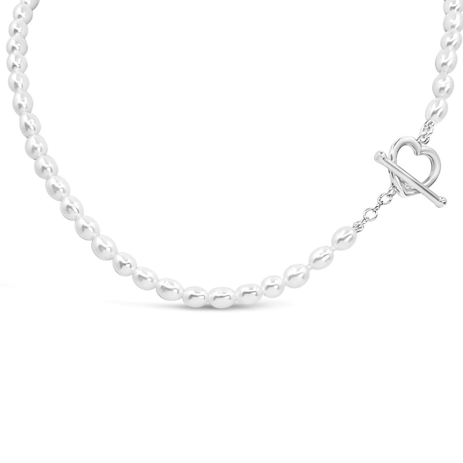 Lutiro Women's Silver Heart Toggle Clasp With Freshwater Pearls Necklace In Silver