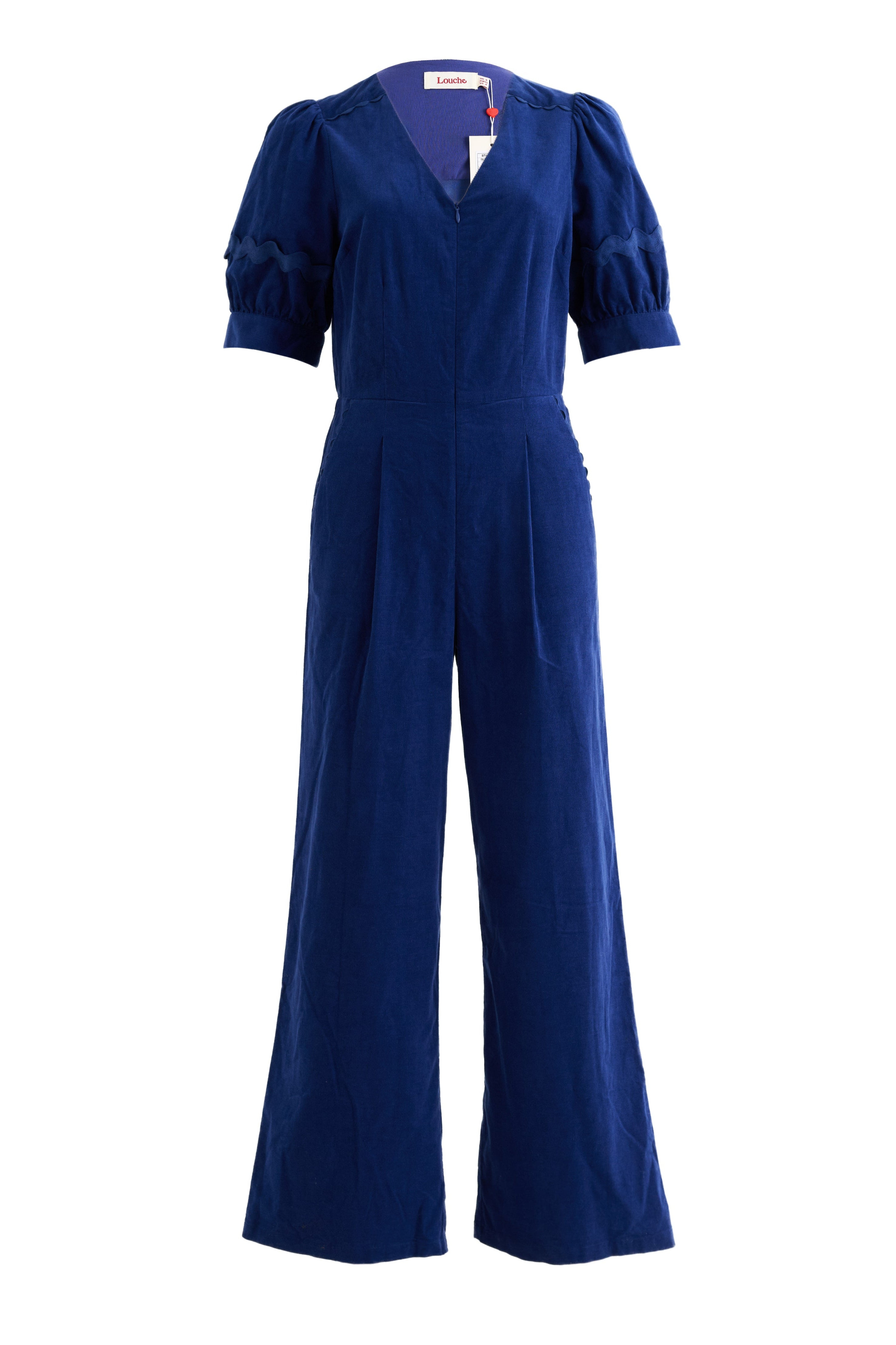 Louche Women's Blue Finlay Babycord V Neck Ric Rac Trim Jumpsuit - Navy In Blue
