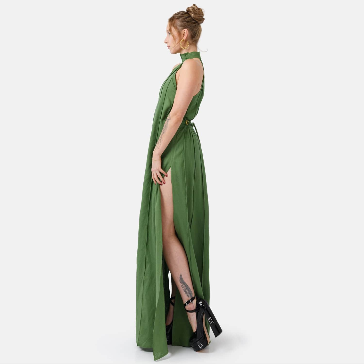 Olive Green Linen Maxi Dress  Pleated Designer Halter Gown | Kargede |  Wolf & Badger