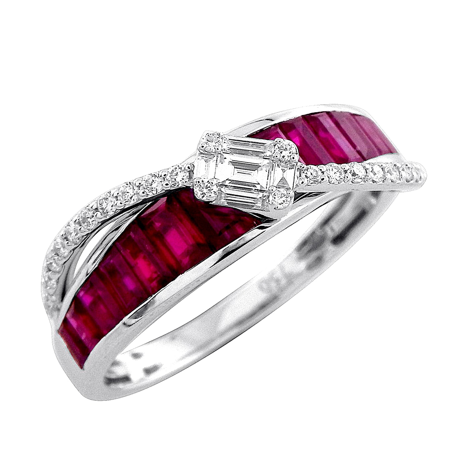 Artisan Women's White / Red 18k White Gold Baguette Ruby & Diamond Band Ring In Metallic