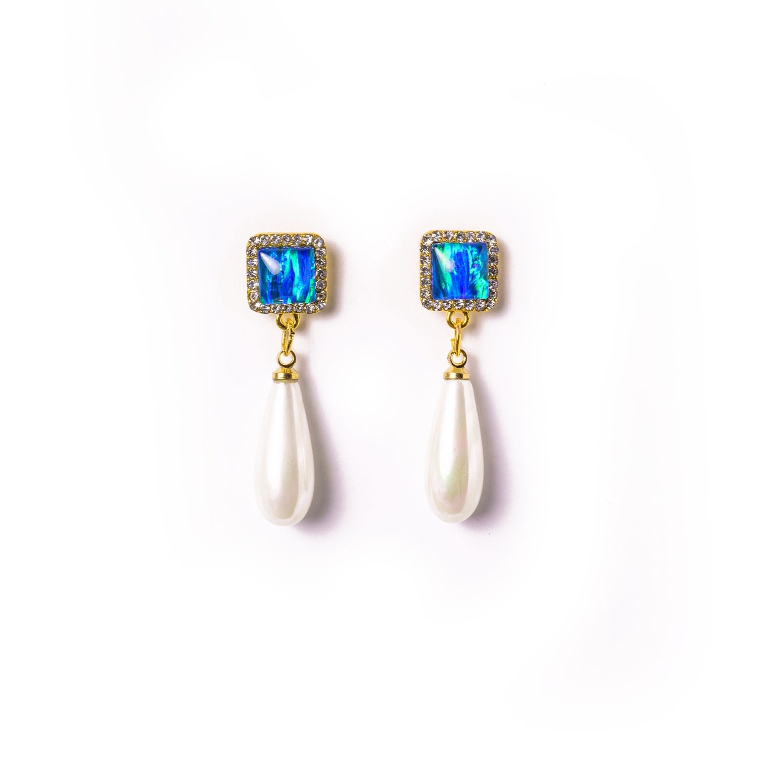 Women’s Green / White / Blue Mystic Diamante Opal Statement Earring With Faux Pearl Eunoia Jewels