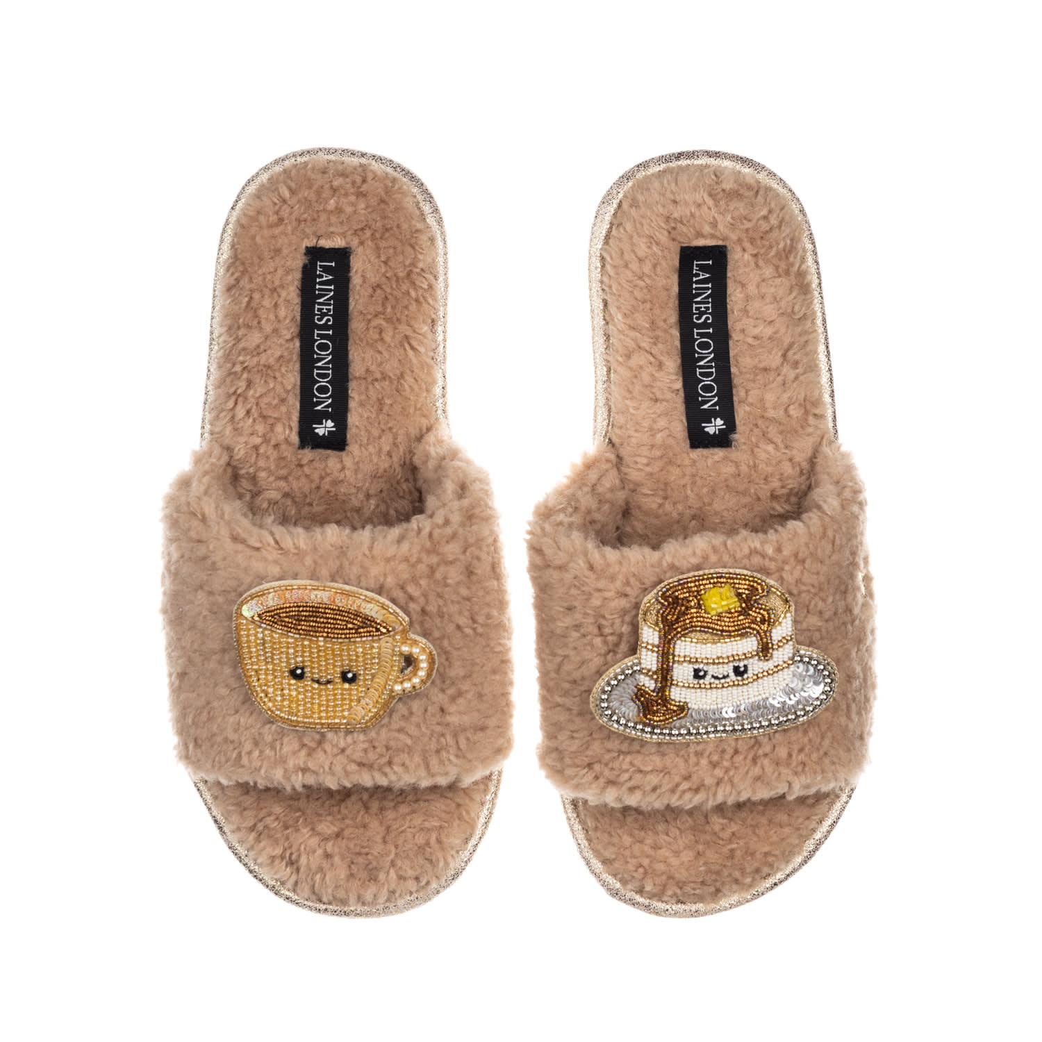 Laines London Women's Brown Teddy Slider Slippers With Laines Loveables Coffee & Pancakes Brooches - Toffee In Brown