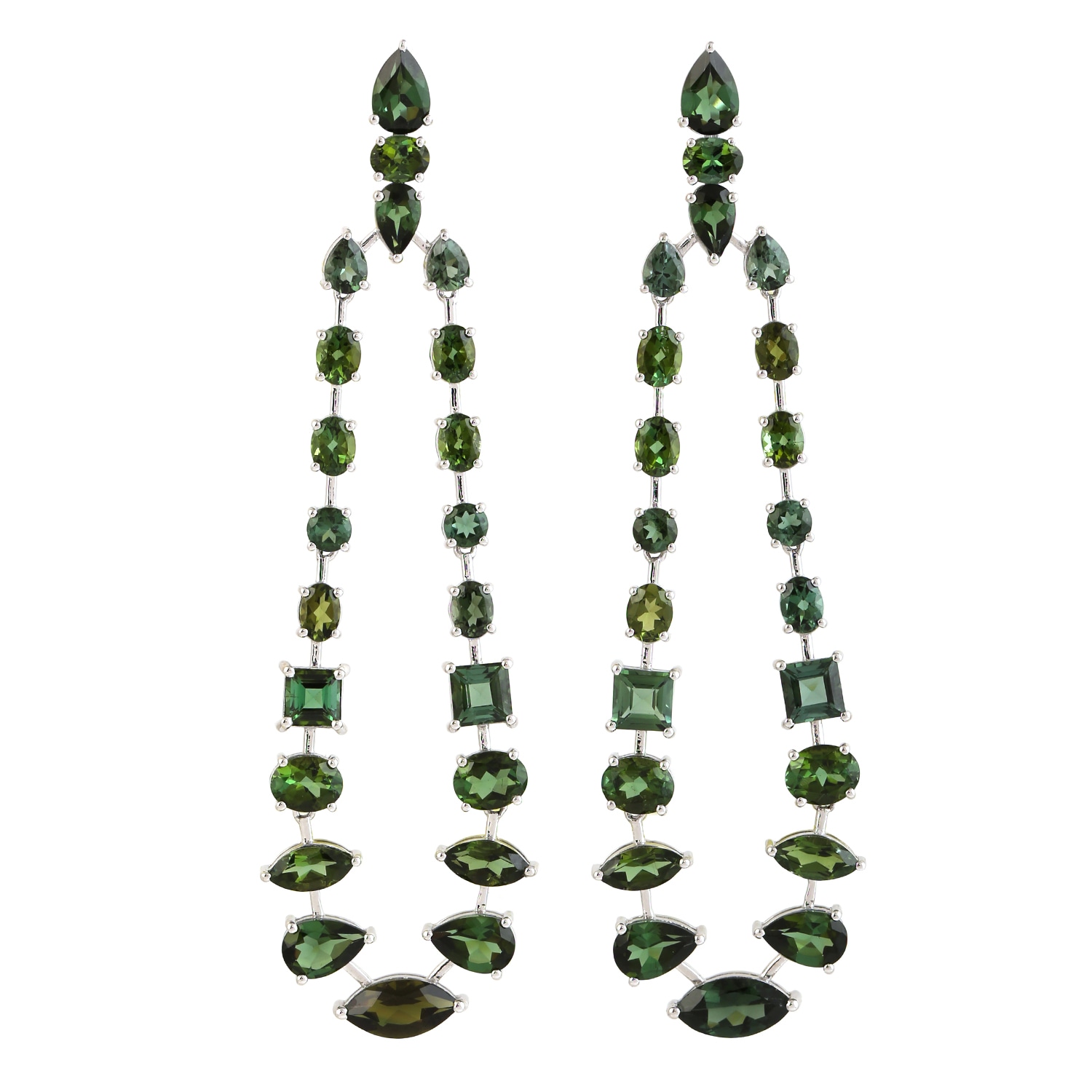 Women’s Green / White 18K White Gold With Green Tourmaline Gemstone Drop Shape Chandelier Earrings Artisan