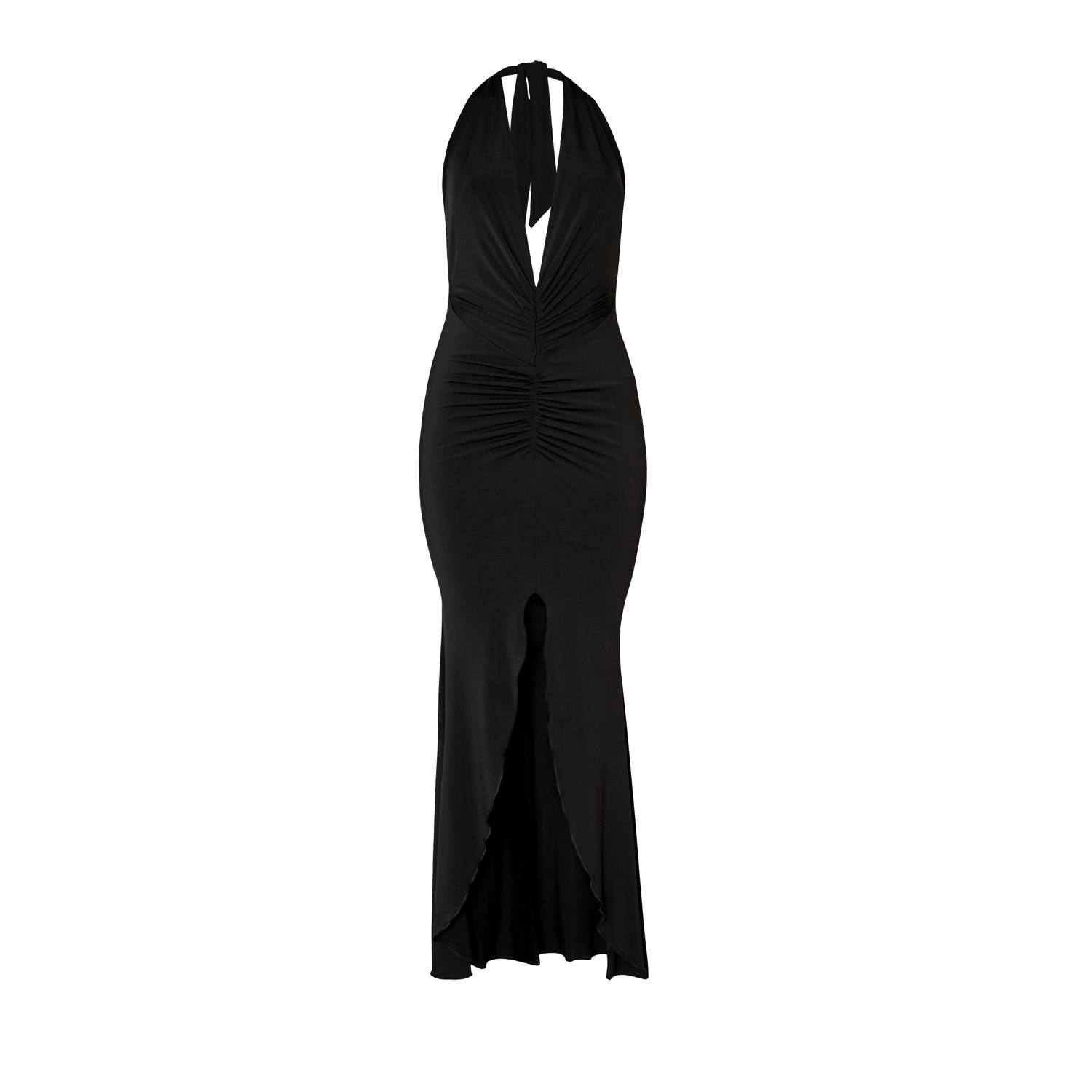 Solana London Women's Black Ruched Plunge Maxi Dress In Black