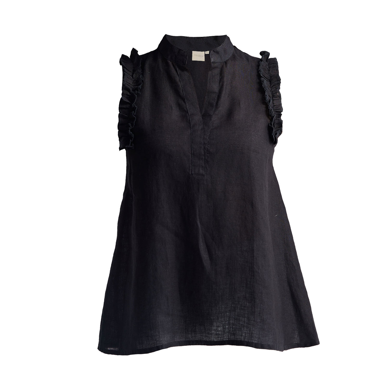 Reistor Women's Sleeveless Hemp Top With Ruffles In Black In Black