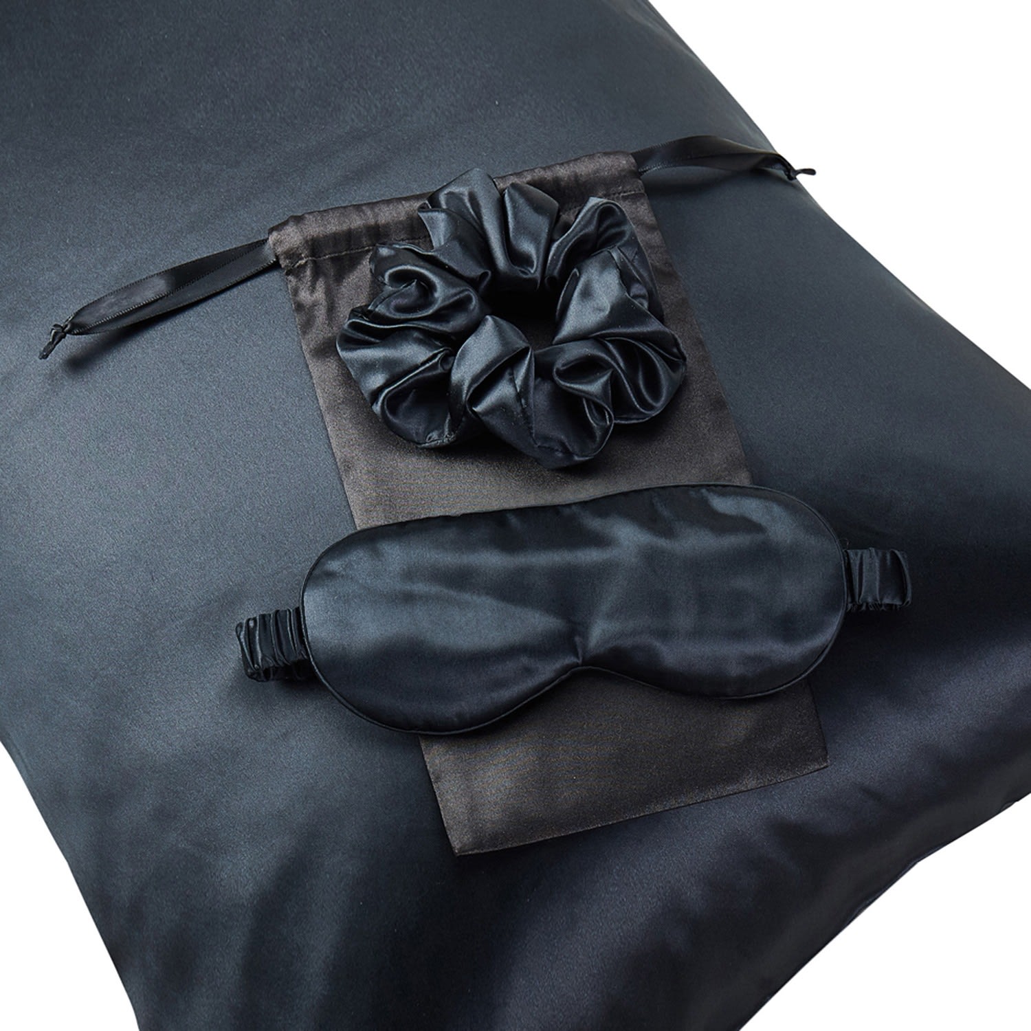 Gift Set: Black Pure Mulberry Silk Pillowcase, Eye Mask And Scrunchies Standard Size Uk Double Soft Strokes Silk