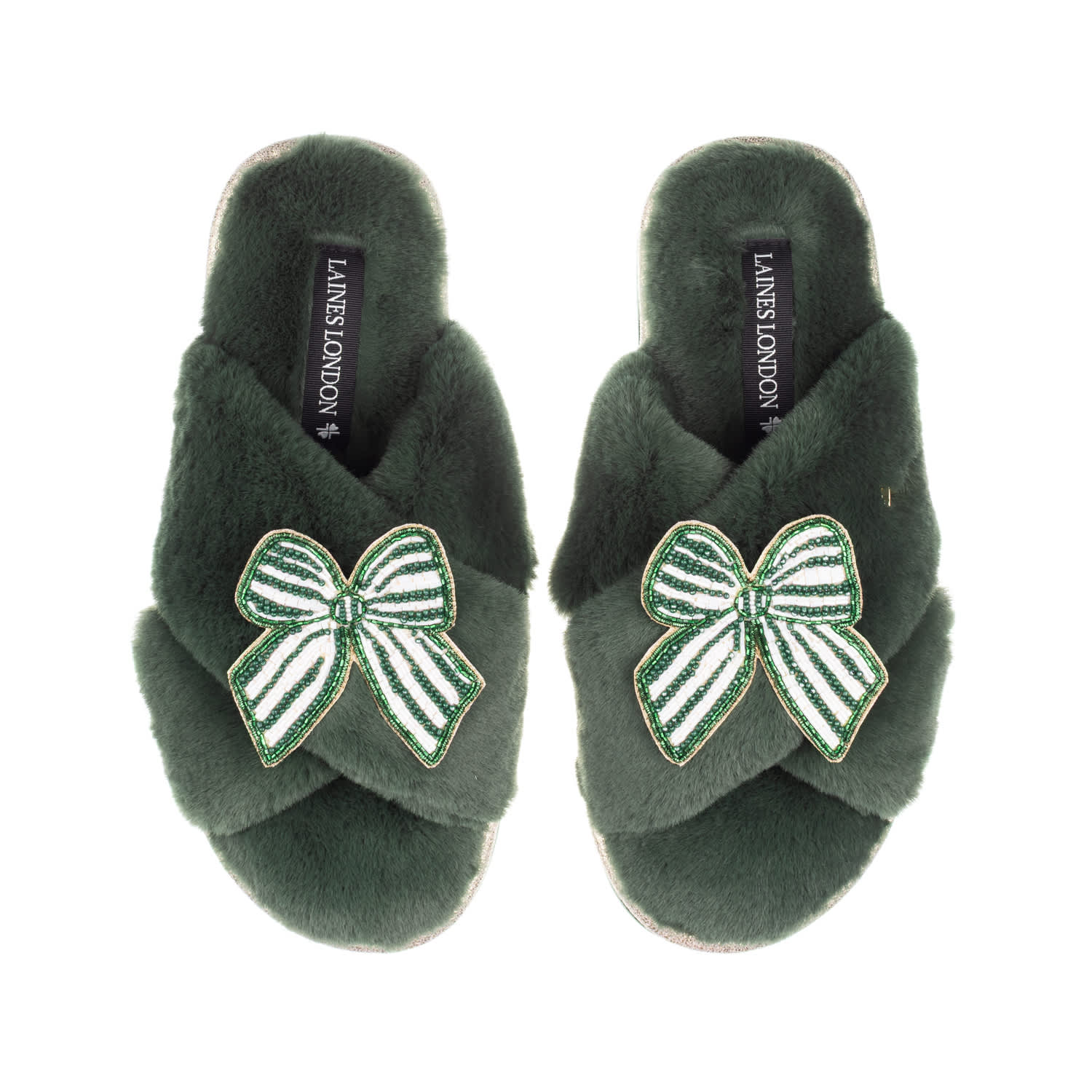 Laines London Women's Classic Laines Slippers With Green Stripe Bow Brooches - Limited Edition Green In Green