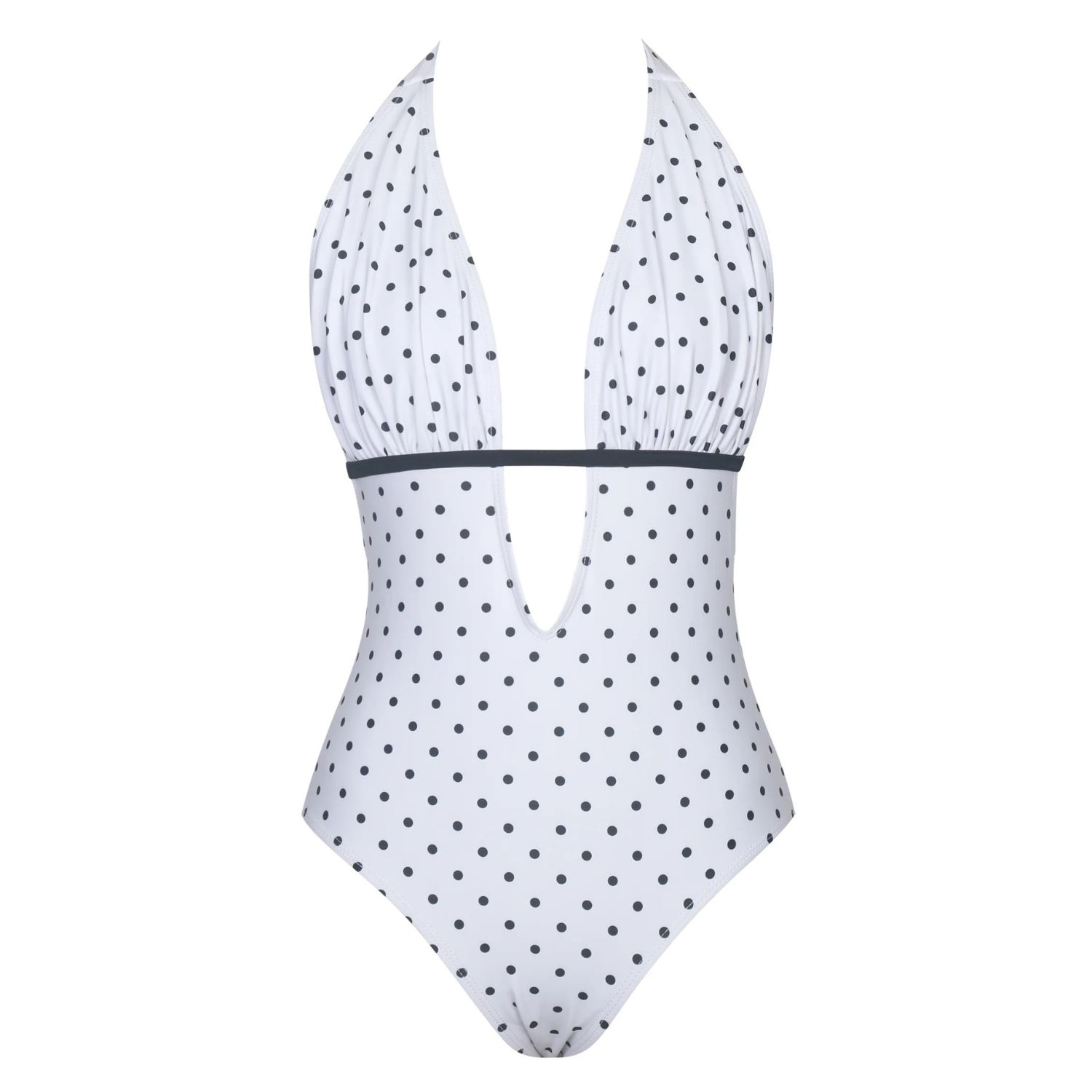 Miss Circle New York Women's Olive White Base Polka Dot Ruched Breast Halter Backless Swimsuit In White