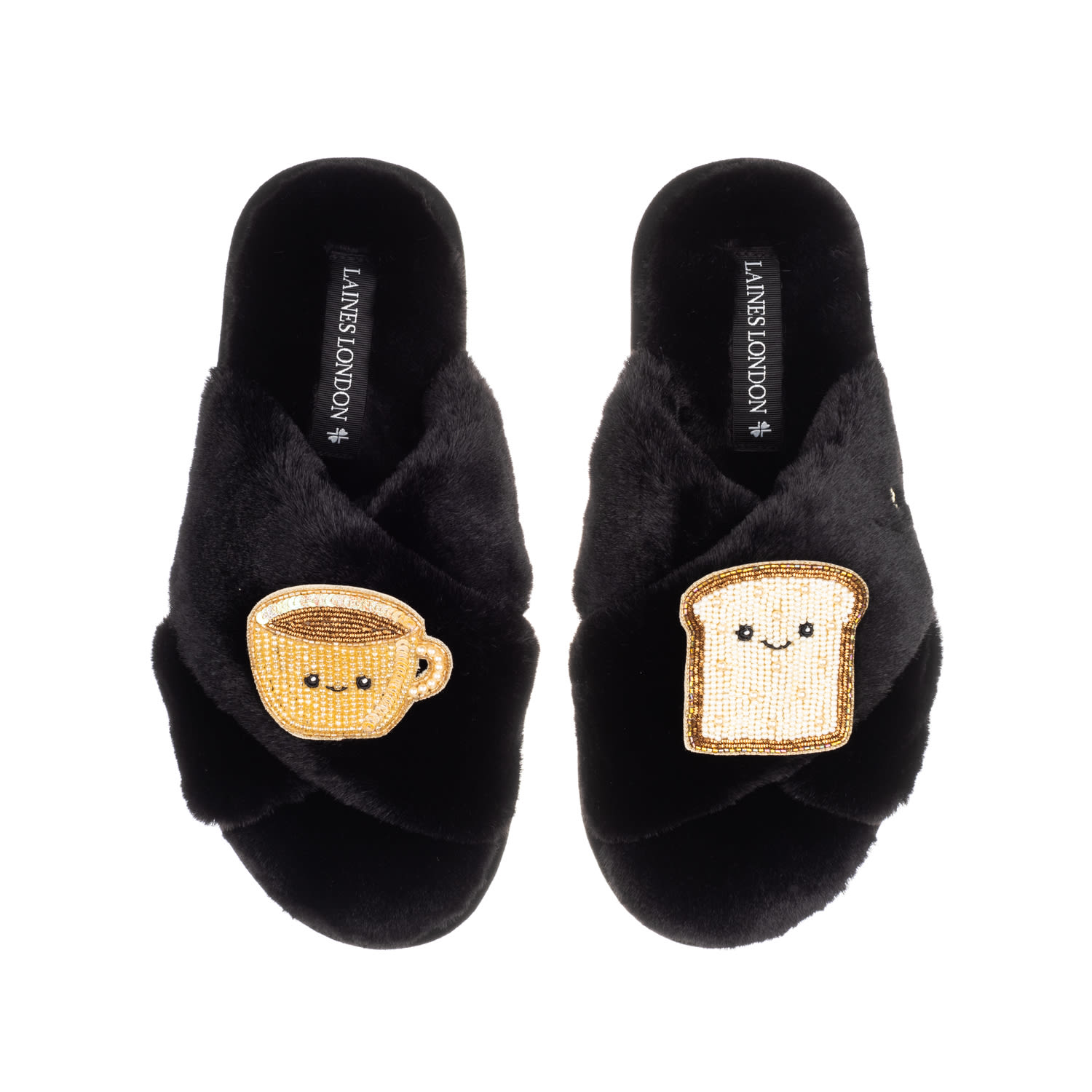 Laines London Women's Classic Slippers With Laines Loveables Tea & Toast Brooches - Black In Black