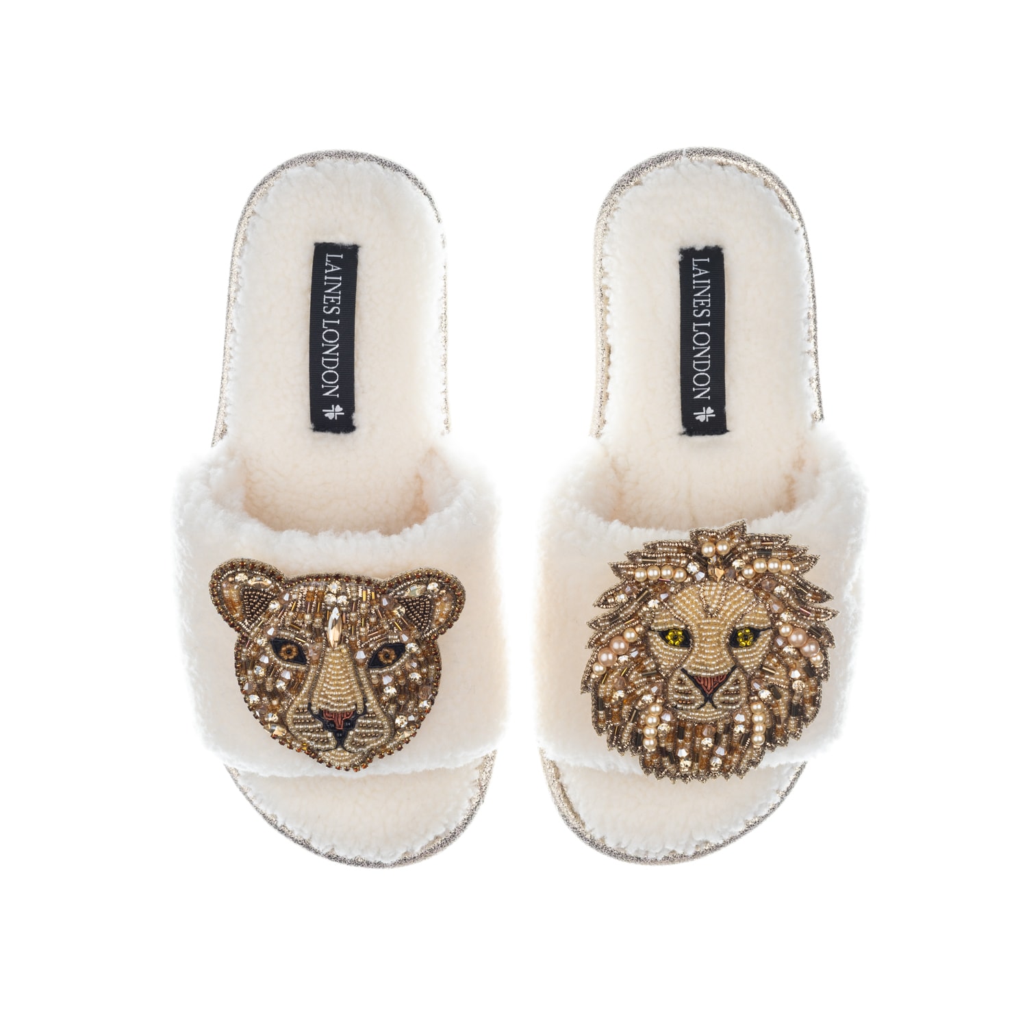 Laines London Women's White Teddy Toweling Slipper Sliders With Lion & Lioness Brooches - Cream In White