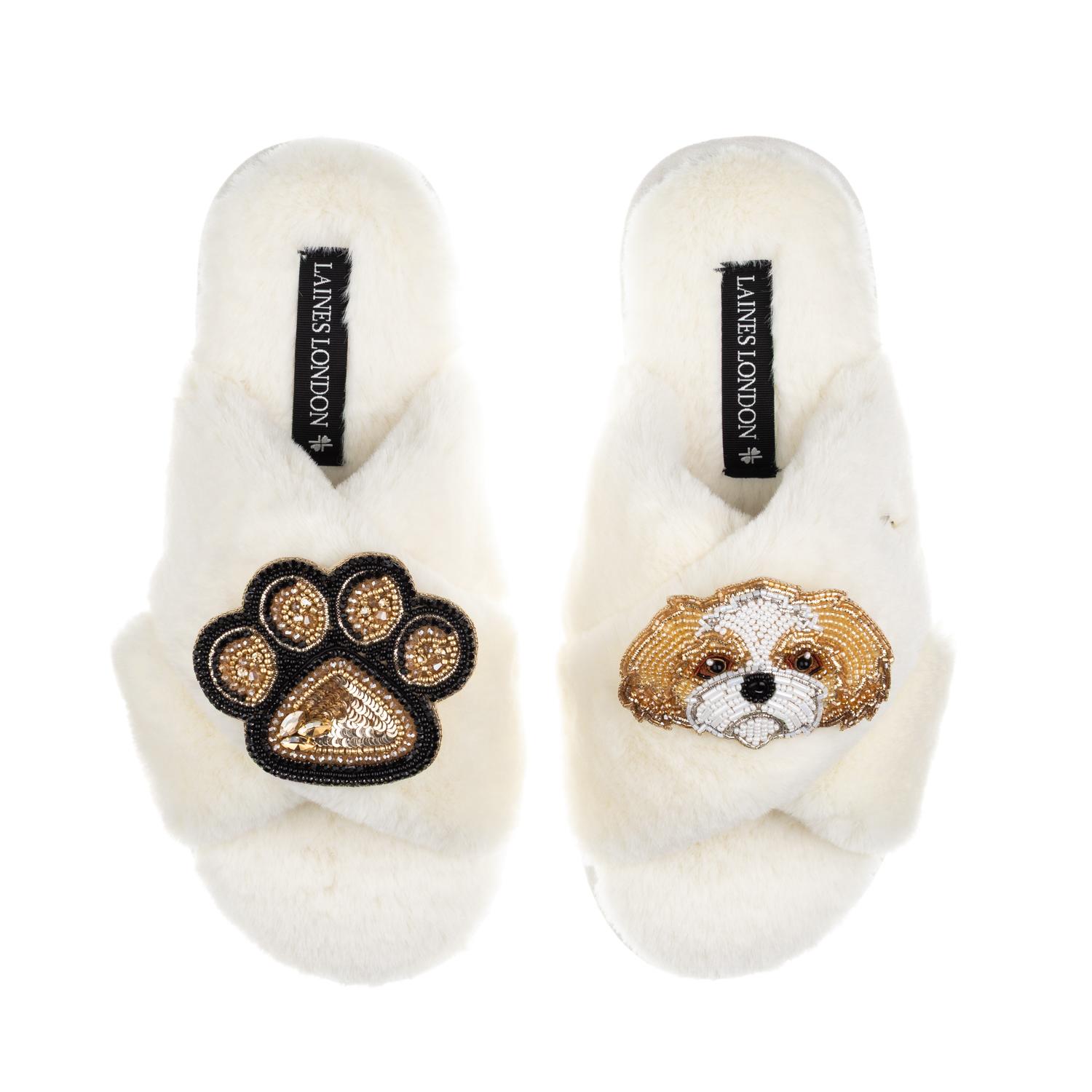 Laines London Women's Neutrals / White Classic Laines Slippers With Paw & Gold & White Shih Tzu Brooches - Cream In White