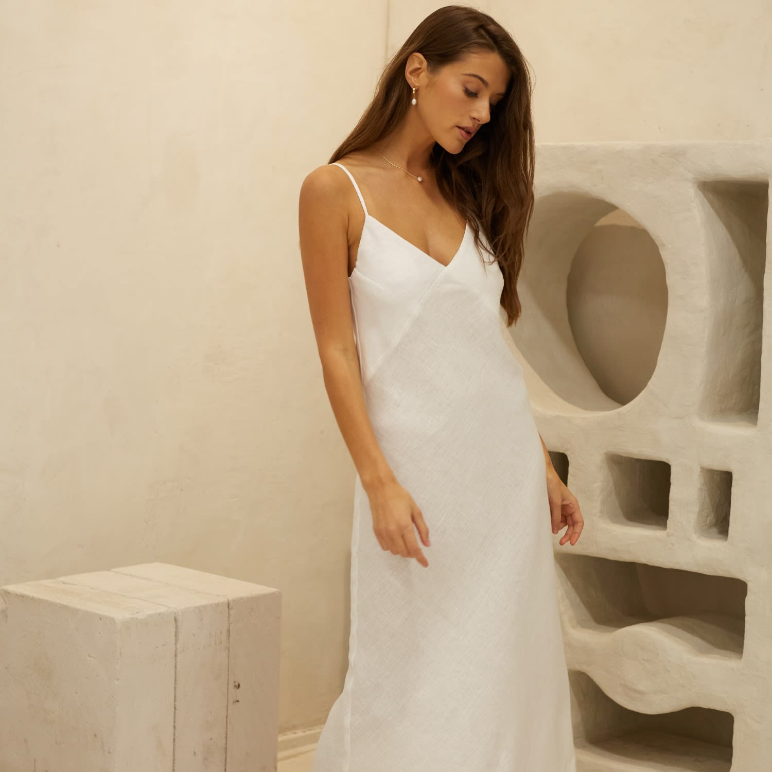 Womens Linen Slip Dress White