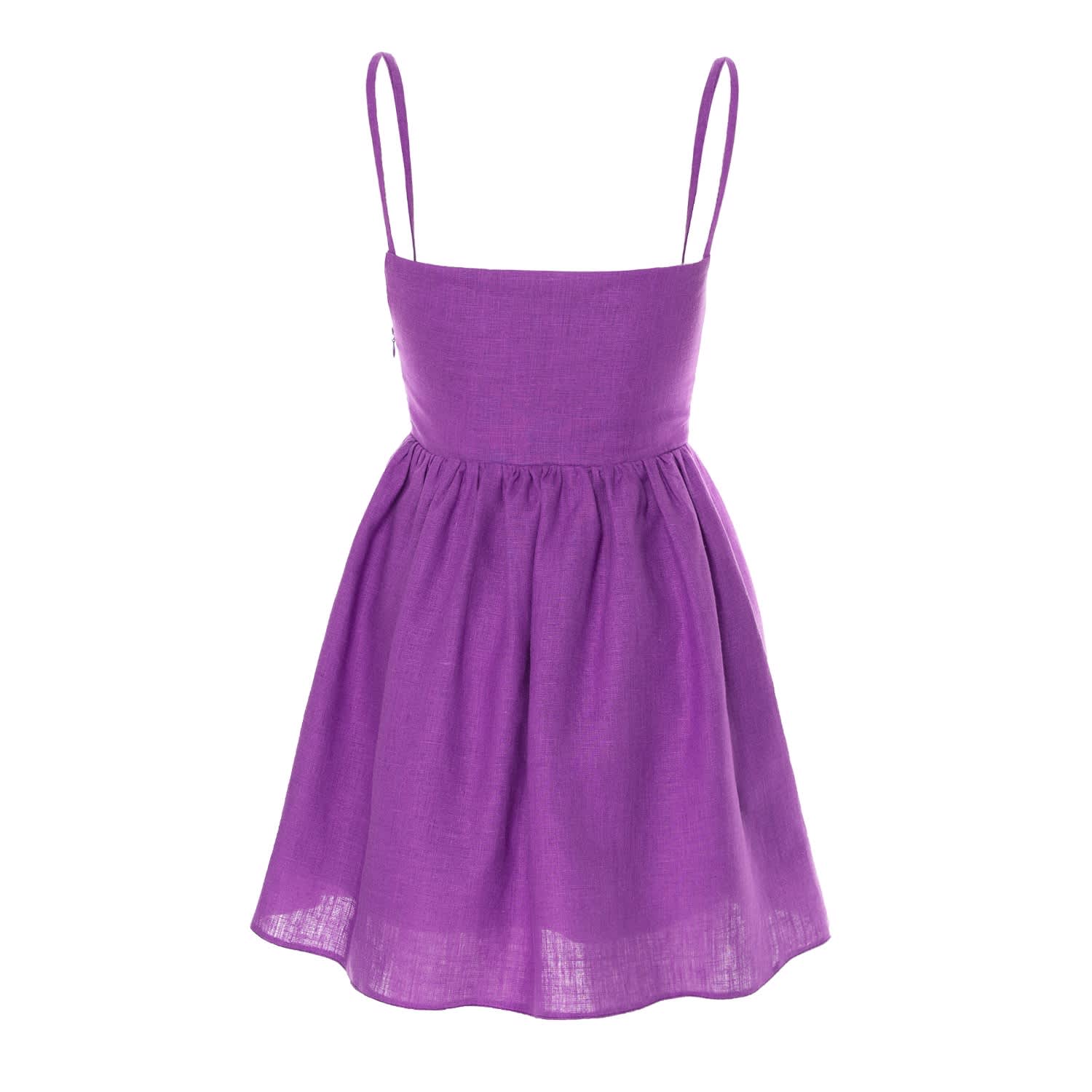 Linen Gathered Mini Dress With Straps - Purple | AVENUE N29 | Wolf & Badger