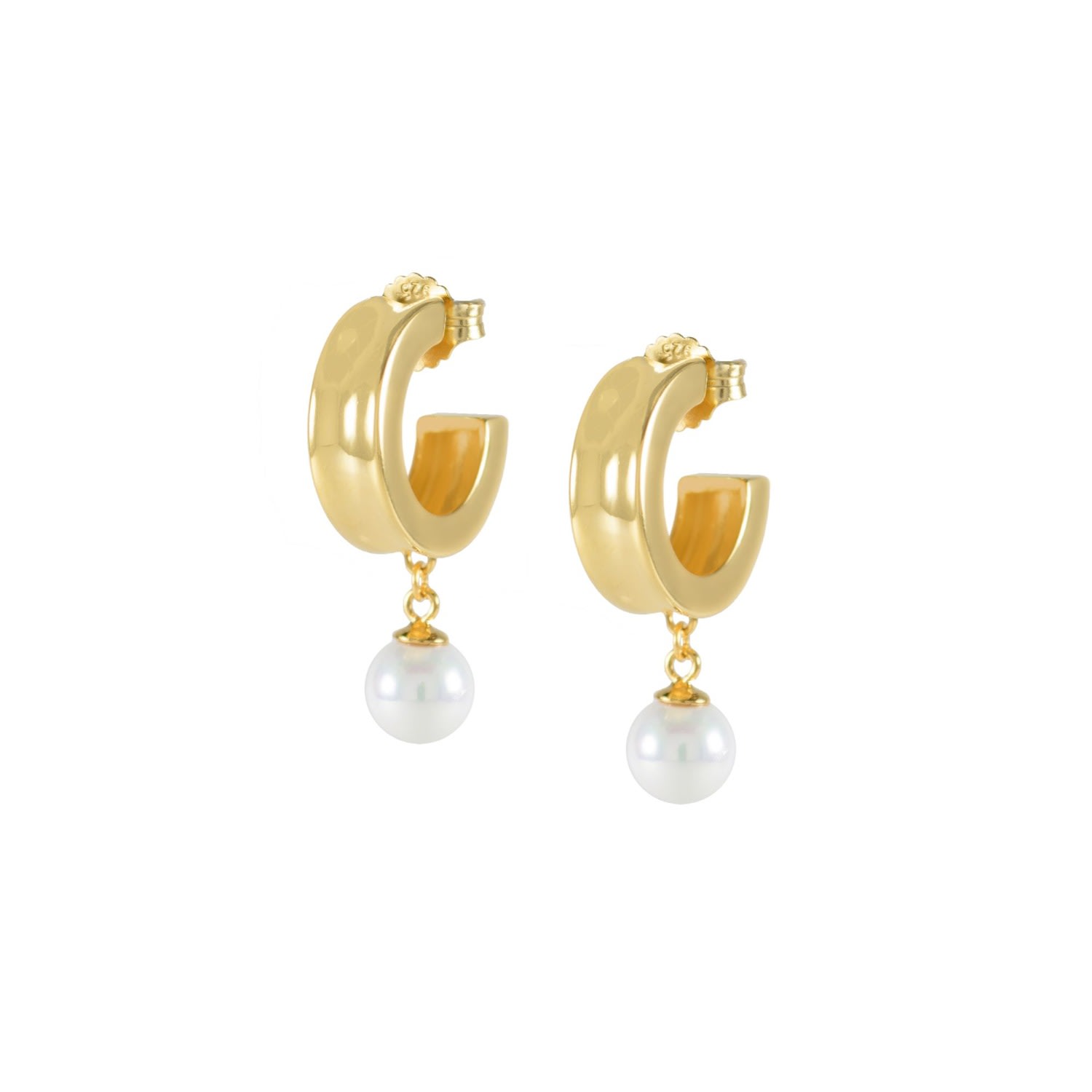 Women’s Gold / White Modern Drop Pearl Hoop Earrings, Gold Over Sterling Silver Seven Saints