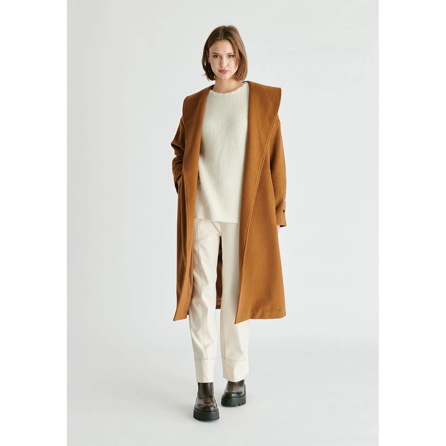 Shawl Collar Wool Coat With Belt In Camel | PAISIE | Wolf & Badger